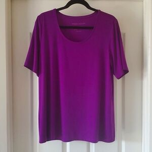 Susan Graver Liquid Knit Pullover, S/S, Scoop Neck, solid Purple, L